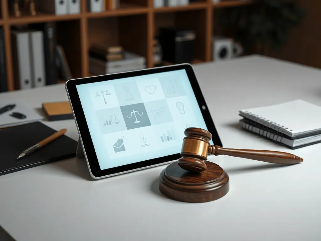 A professional office desk with a tablet showing abstract le