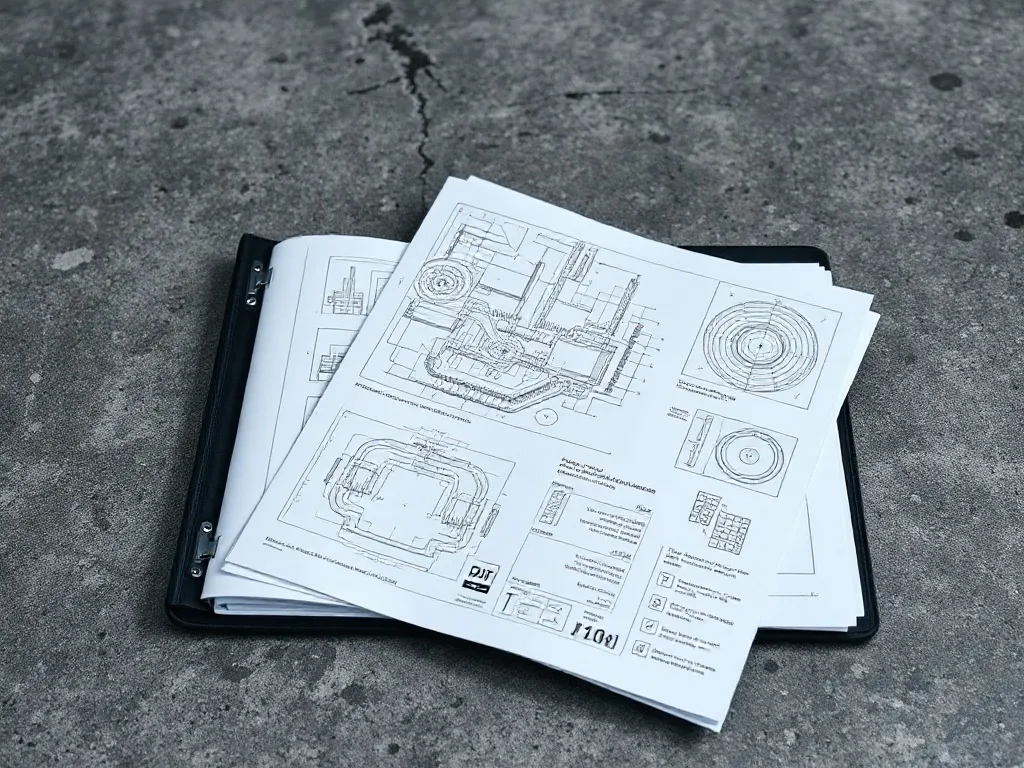 A professional document folder with technical blueprints and