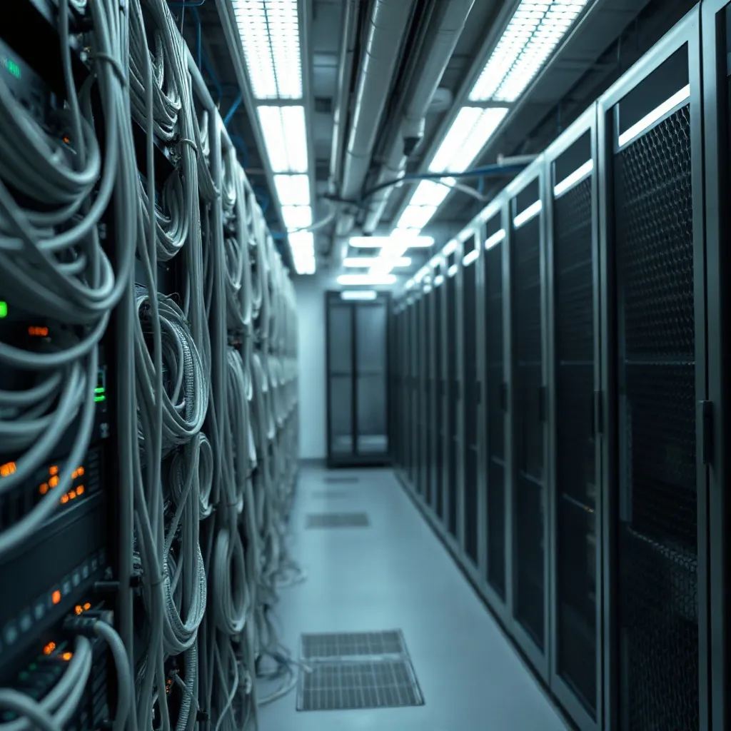 A clean, industrial server room with cable management, serve